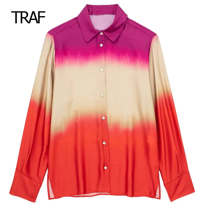 

TRAF Tie-Dye Satin Blouses for Women Fashion 2023 Print Long Sleeve Female Shirt New Summer Top Korean Style Clothe Women Blouse