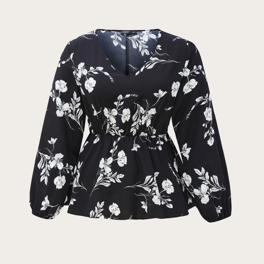 

Women Plus Size 4XL Tops 2022 Autumn Fashion Floral Print Black Clothing Large Oversized Female Long Sleeve Ladies Blouses