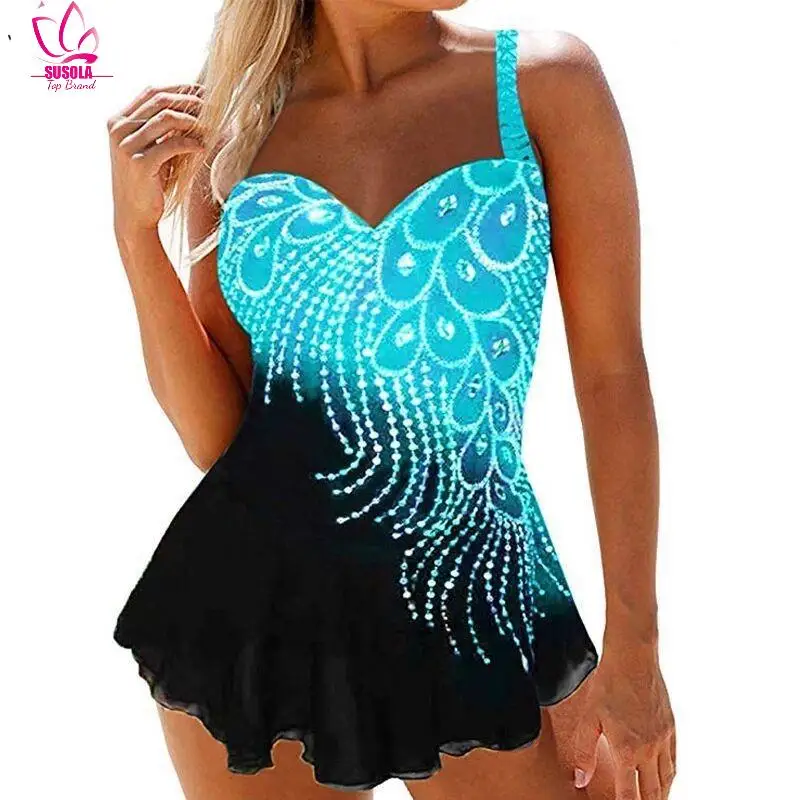 

Women Feather Print Tankini Summer Beach Padded Swimwear Halter Two Piece Swimsuit High Waist Bathing Suit S-8XL 2022