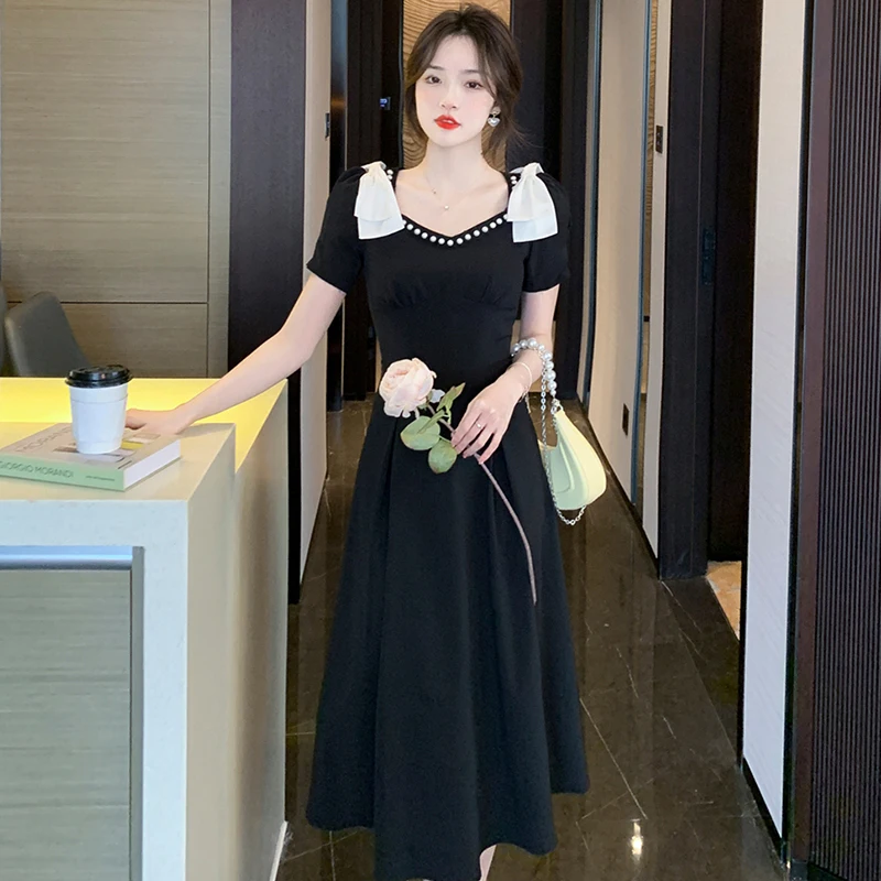 2024 Черное шикарное сексуальное платье миди Y2k с бантом весна-лето элегантное