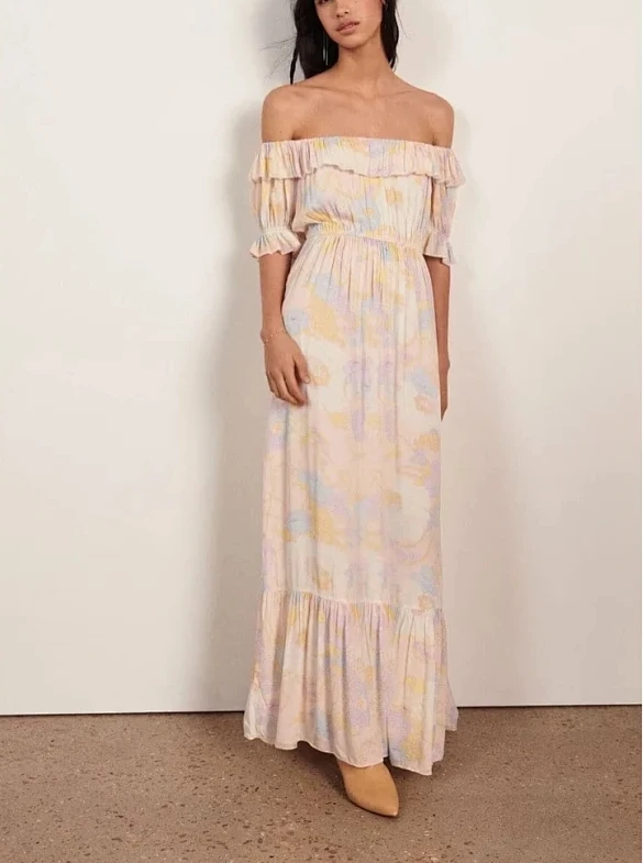 

126872 Fashion Classic Trendy Luxury Designer Cloth Fairy Style Straight Shoulder Medium Length Skirt Chiffon Dress
