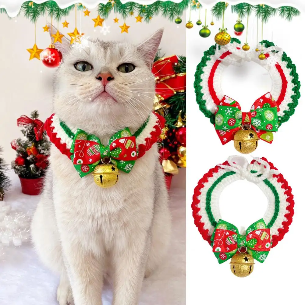 

Christmas Pet Collar Washable Pet Knitted Collar Exquisite Pattern Bow-knot Christmas Pet Collar Photography Prop Dress Up