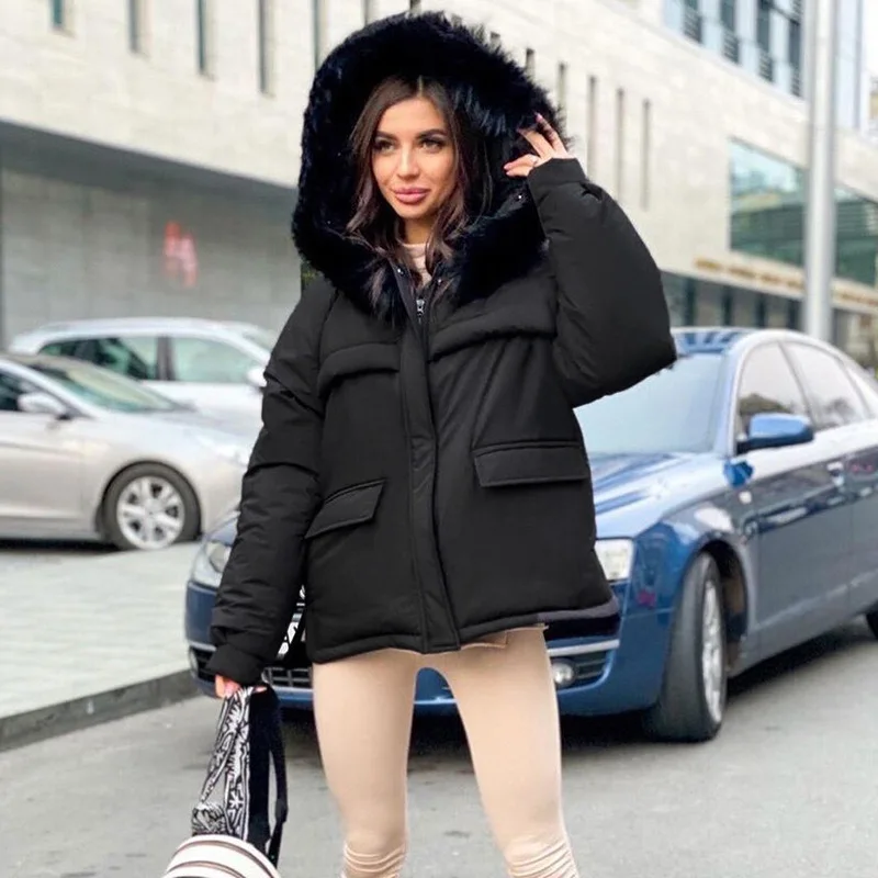2021 Winter New Loose Hooded Fur Collar Zipper Cotton Jacket Women Street Hipster Casual Long-sleeved Warm Women's Fashion Top