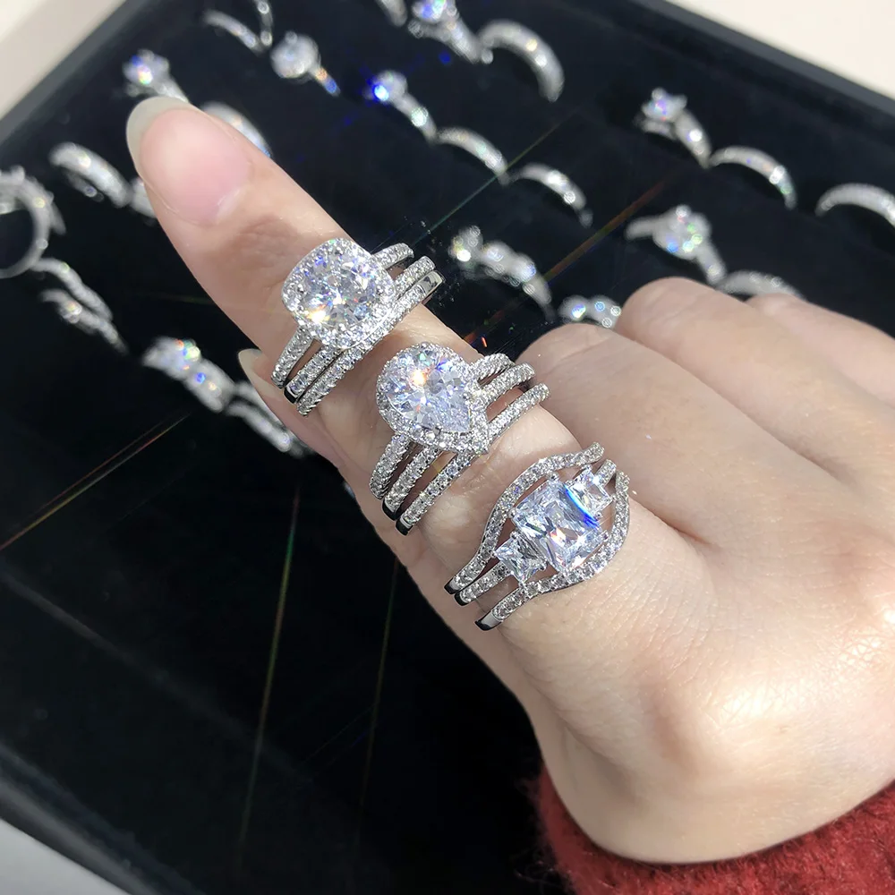Luxury Zircon Ring Sets for Women Trend Silver Color Heart Proposal Promise Stacking Rings Love Gift Crystal Jewelry
