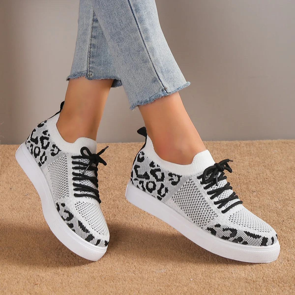 2023 New Women's Leopard  Sneakers Autumn New Mesh Breathable Sport Shoes Ladies Walking Running Flats Zapatos De Mujer