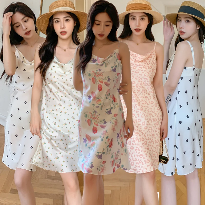 

2022 Summer Sexy Spaghetti Strap Silk Satin Nightgowns For Women Korean Cute Sleepwear ladies Night Dress Nightdress Home Nighty