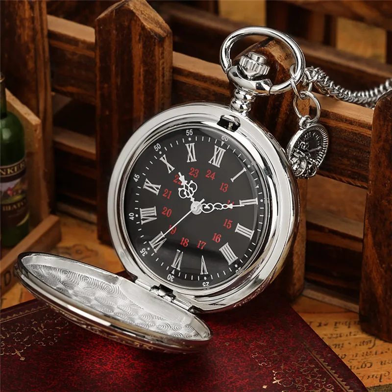 Аналоговые кварцевые карманные часы с серебряной резьбой и римскими цифрами в античном стиле с аксессуаром для мужчин и женщин цепочка-оже...