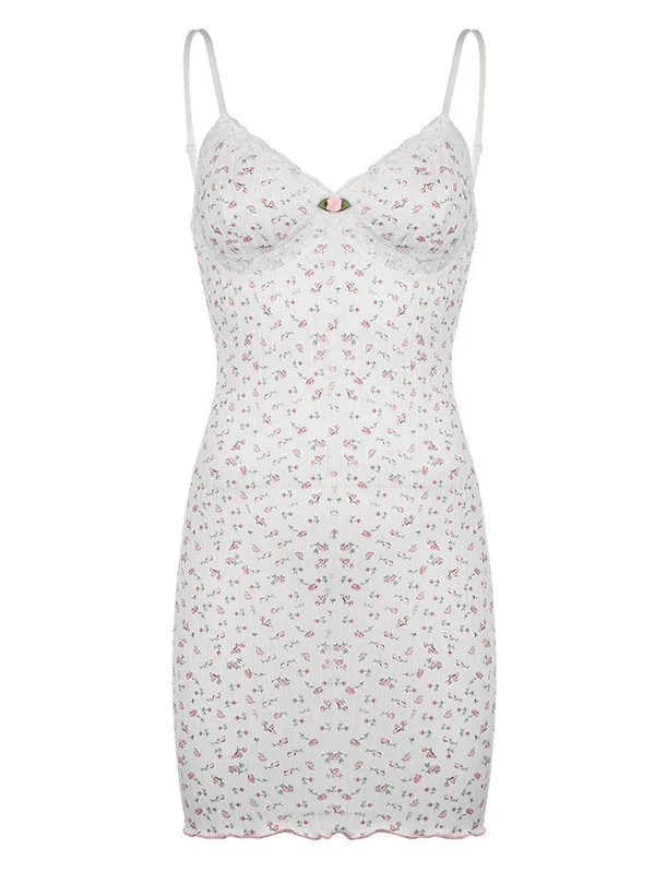 Модный стиль цветочный узор кружевные края платья-бретельки мягкая девушка