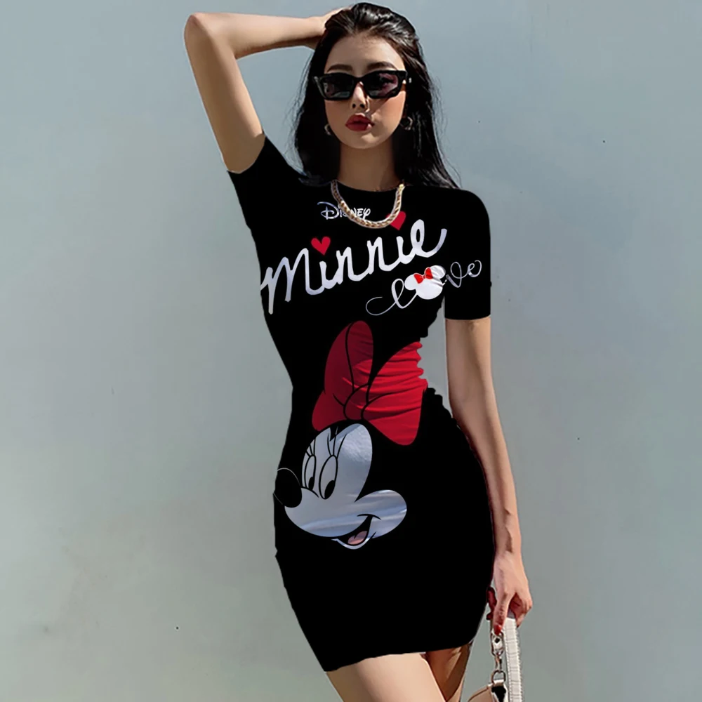 Disney Mickey Mouse Woman Dresses Elegant Dress Office Tight Slim Lady O Neck Summer Casual Cartoon 3D print Mini Dress Vestidos