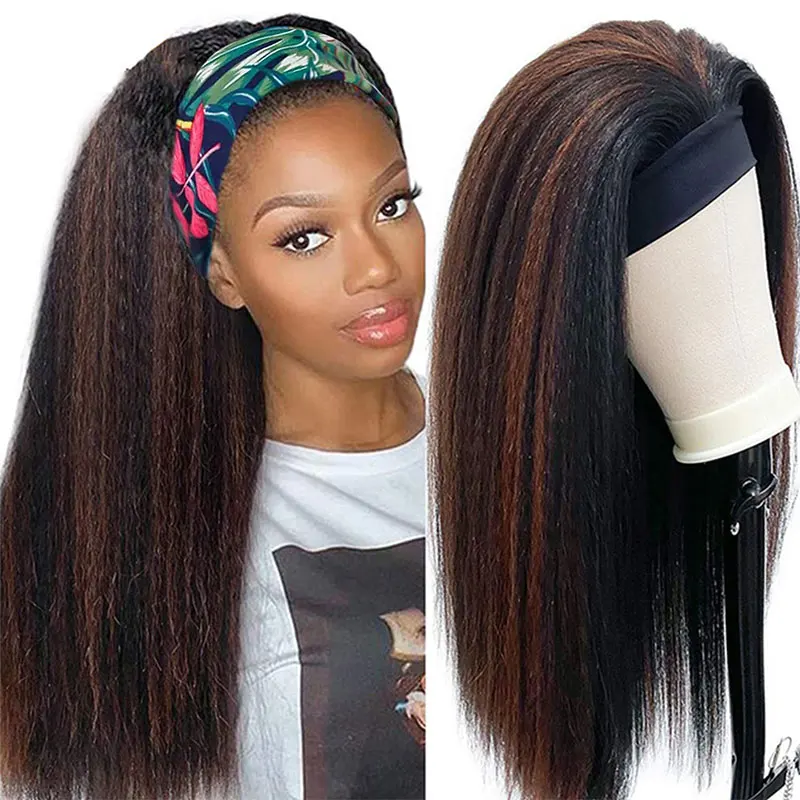Kinky Straight Wigs With Headband For Women Yaki Straight Wigs For Black Women Glueless None Lace 200% Human Hair Headband Wigs