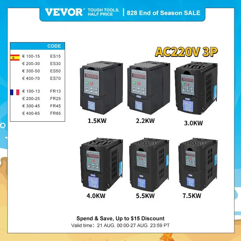 VEVOR VFD Inverter Variable Frequency Drive Converter 1.5/2.2/3.0/4.0/5.5/7.5KW AC 220V 3P Output Speed Controller for Motor CNC