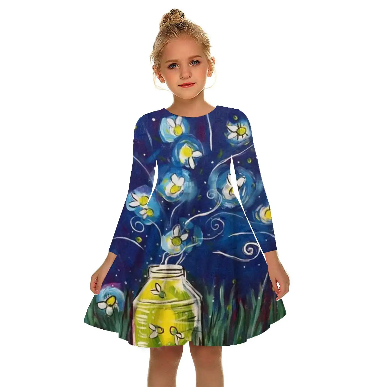 

Girls Gift Color Dress White Girl Dress 2-17Y Children Kids Summer Fast Delivery Dresses 3D Print Painting Plants Print Dress