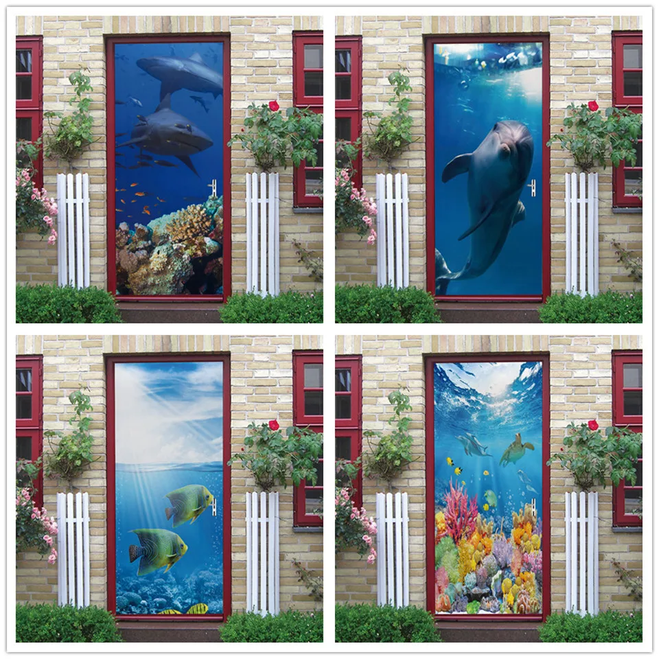 

Underwater World Wallpaper 3D Door Sticker Self Adhesive PVC Fish Dolphin Poster For Kids Girls Room Home Door Decoration Murals