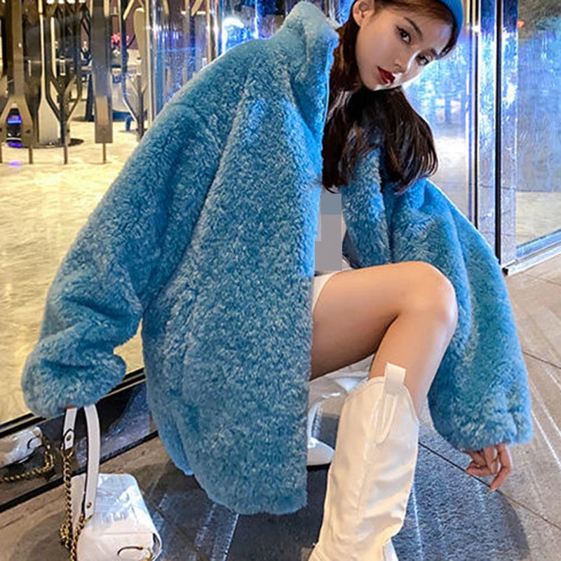 Blue  Coat Women 2022 Hooded Lamb Coat Winter  jacket women  Cotton  Thick （Winter)  Cotton  High Street  Button women
