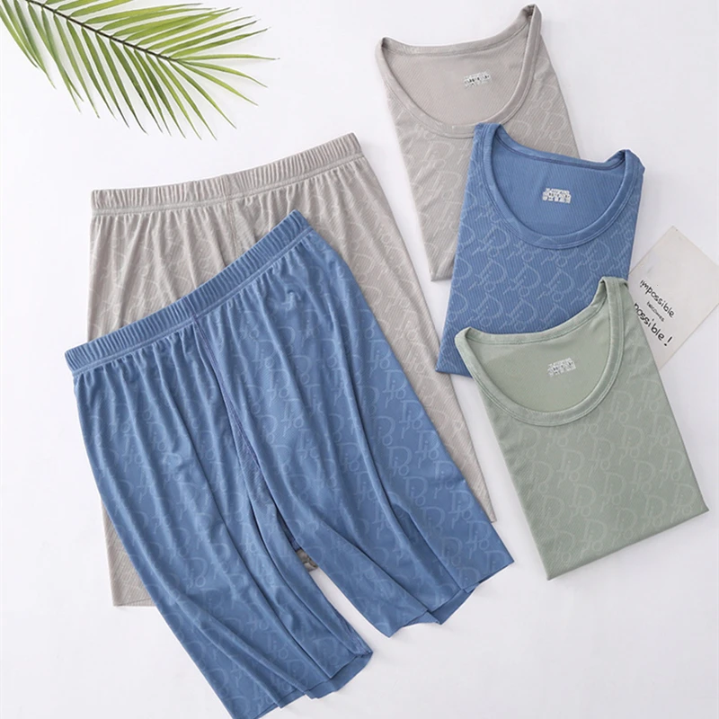 Summer Men's Pajama Sets Fashion Printing Homewear Ice Silk Short Sleeve T-shirt Shorts Suit Sleepwear 2 Piece Set Loungewear