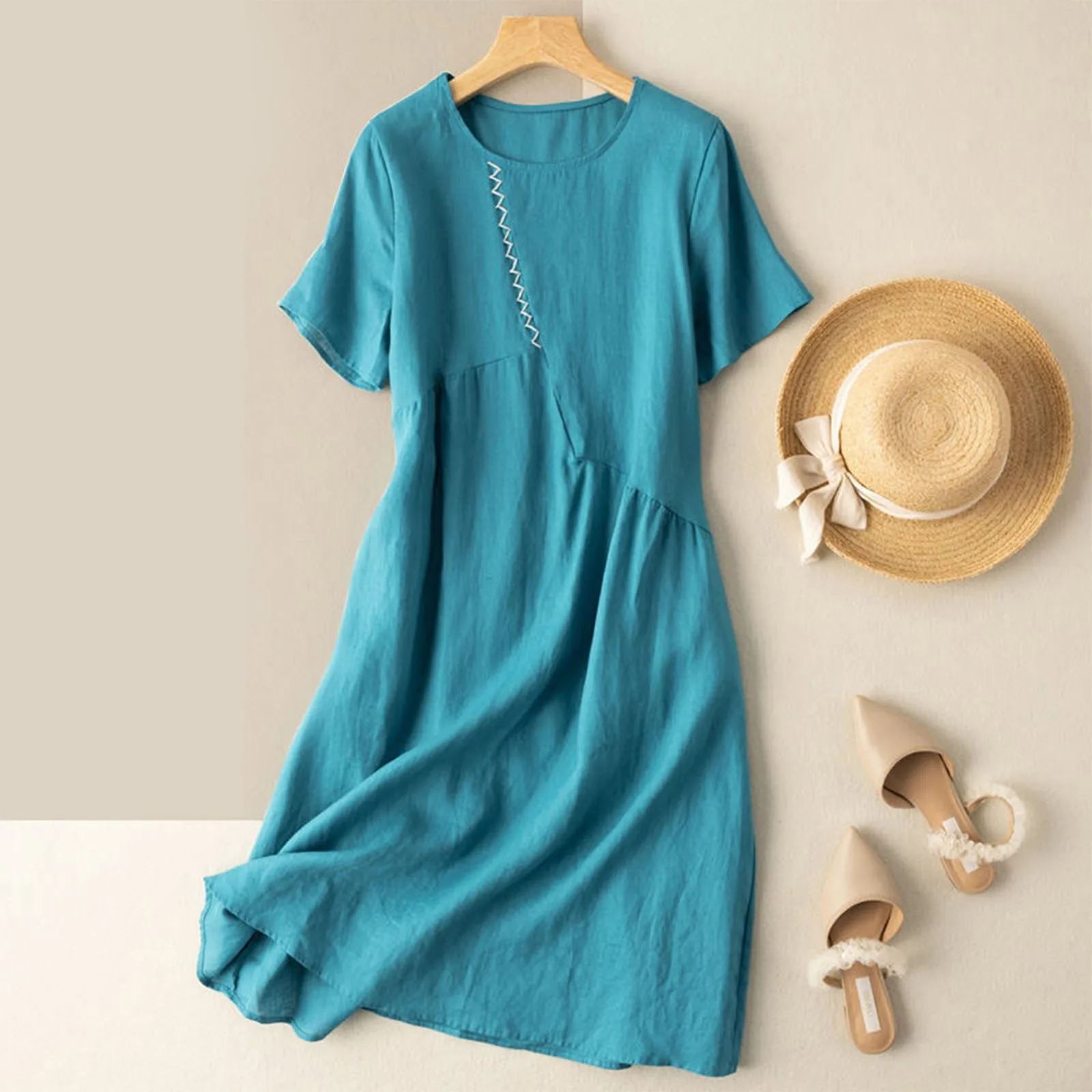 

Женское летнее однотонное платье средней длины из хлопка и льна с круглым вырезом и коротким рукавом, свободные платья с рюшами, праздничные платья