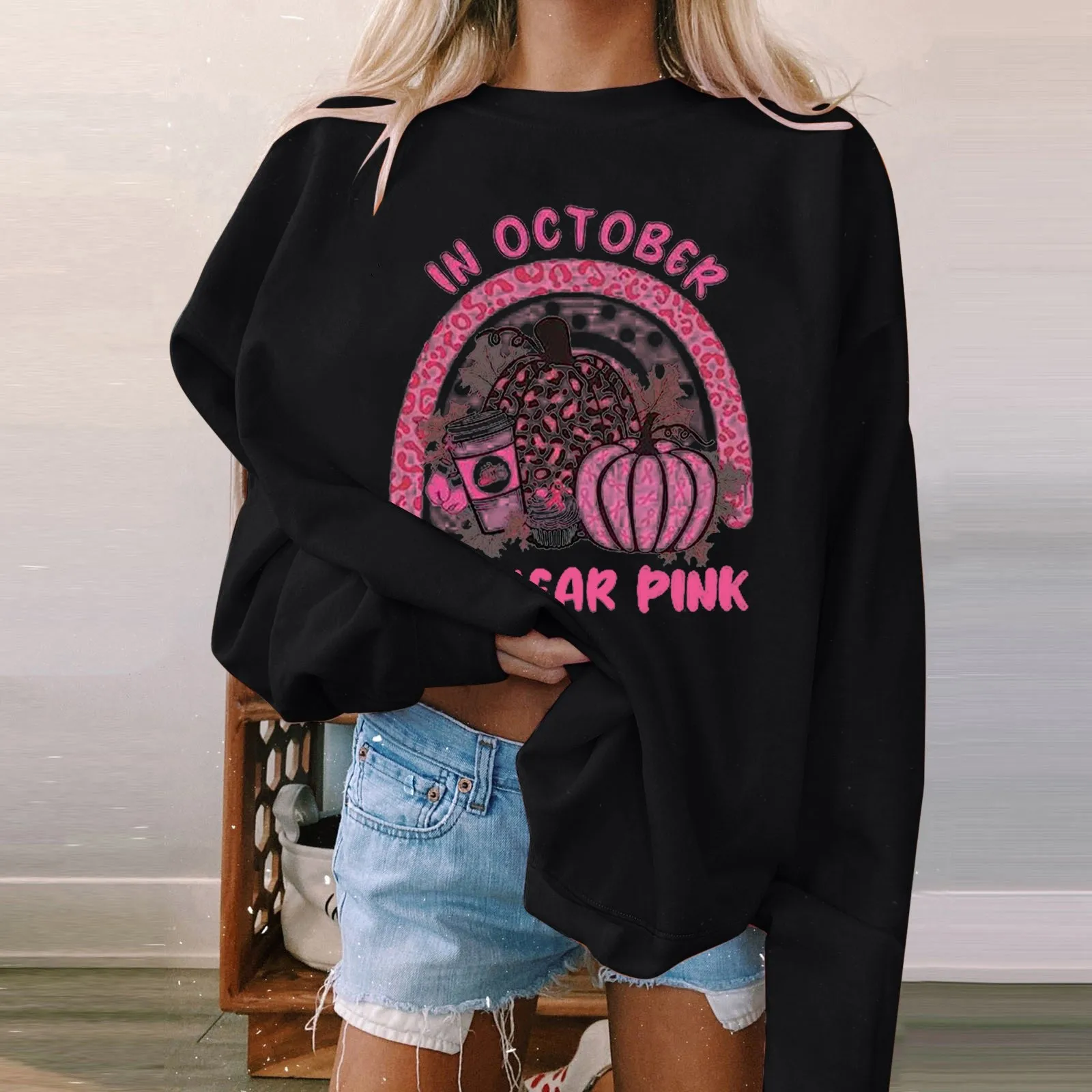 

Женская толстовка с длинным рукавом и круглым вырезом, розовая Радужная модная толстовка с логотипом осведомленности о раке груди