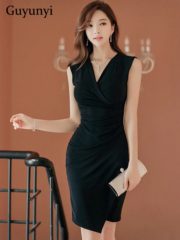 

Black Professional Office Lady Dress 2022 Summer Small Sexy V-Neck Sleeveless High Waist Asymmetry Sheath Party Dresses
