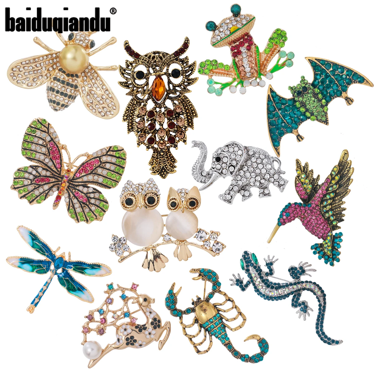 

Baiduqiandu 12pcs Different Designs Brooch Pin Sets For Women Men Owl Lizard Bee Frog Elephant Dragonfly Brooches