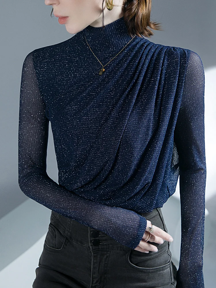 

Bright Silk Glitter Elastic Mesh Long-sleeved T-shirt Women's Autumn and Winter New Pleated Turtleneck Top Harajuku Gothic