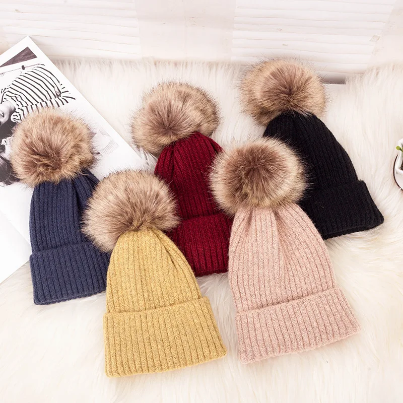 

Classical Solid Color Autumn Winter Knitted Warm Beanie Hat Female Girl Big Pompom Elastic Soft Thickken Pullover Cap Bonnet