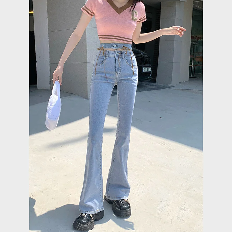 #3143 Blue Denim Jeans Women Hollow Out High Waisted Bell Bottom Jeans Female Korean Style Slim Sexy Long Flared Jeans Summer images - 6
