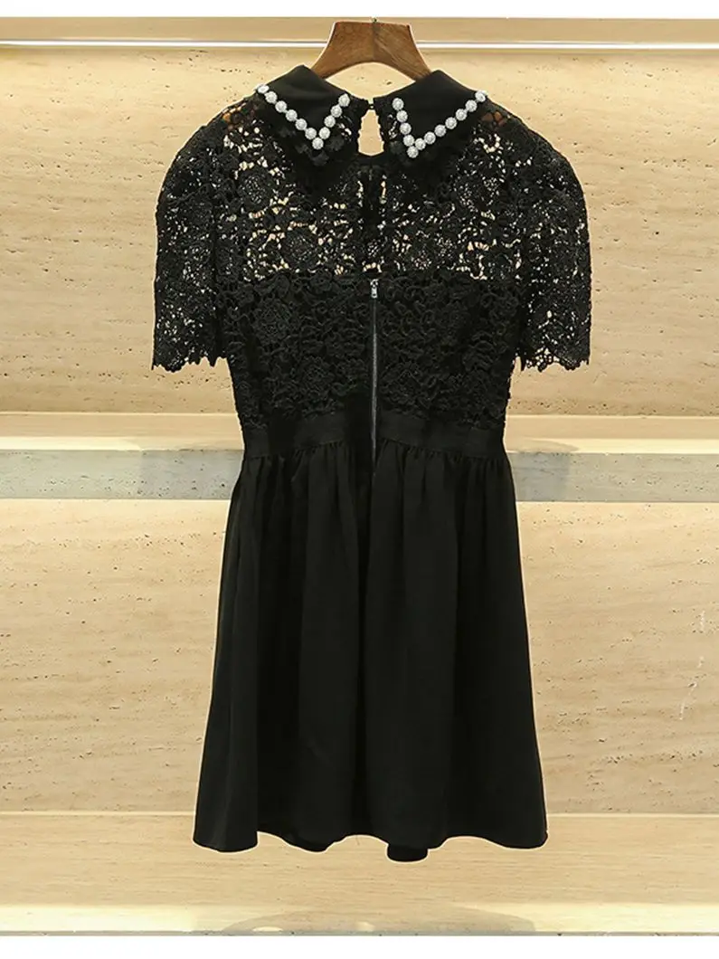 

Ladies Lace Crochet Hollow Black Mini Dress Diamonds Beaded Turn-Down Collar Female Elegant Short Robes 2023 New Dress