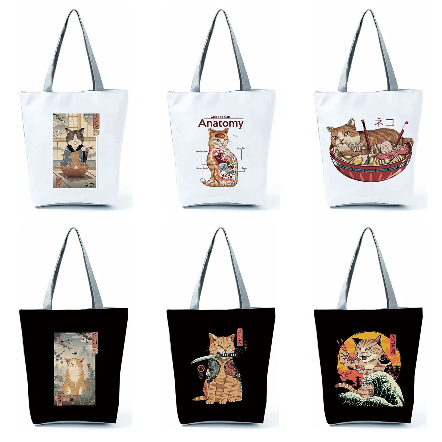

Japanese Cat Printed Anime Handbags Eco Reusable Shopping Bag Black Fashion Women Cartoon Shoulder Bag Travelling Beach Tote Bag