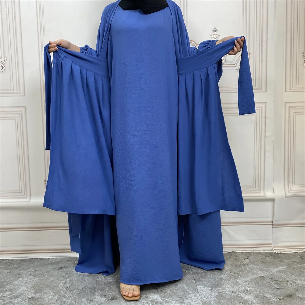 3 Piece Abaya Set Butterfly Kimono+Sleeveless Dress+Pleat Wrap Tie Skirt Islamic Clothing Women Dubai Muslim Outfit Ramadan Eid
