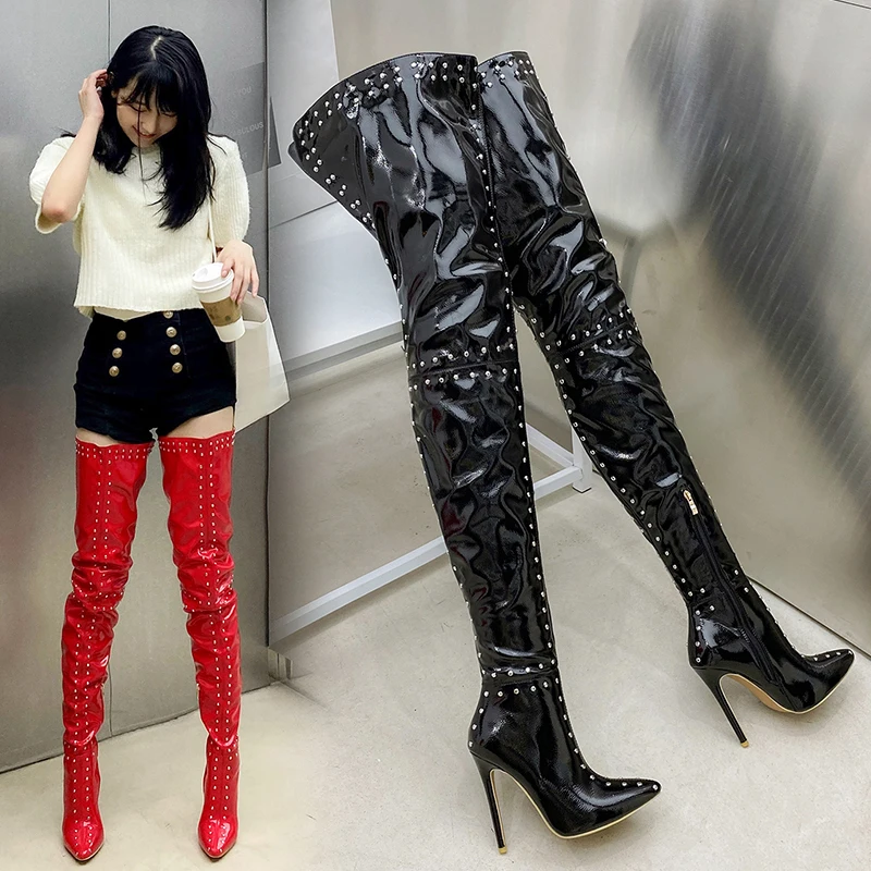 

2022new Autumn and winter women over the knee boots plus size 34-48 PU leather thigh boots full rivet high heel motorcycle boots