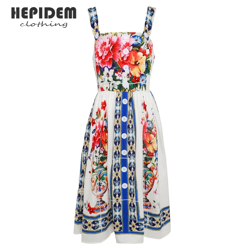 

HEPIDEM Clothing Summer Fashion Runway Long Dresses Women's Sleeveless Elegant Floral Print Boat Neck Slip Dress 70012