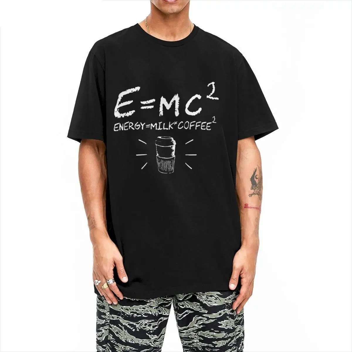 Crazy E=mc2 Energy Milk Coffee T-Shirt for Men Round Neck Cotton T Shirts Funny Physics Short Sleeve Tees Plus Size Clothing