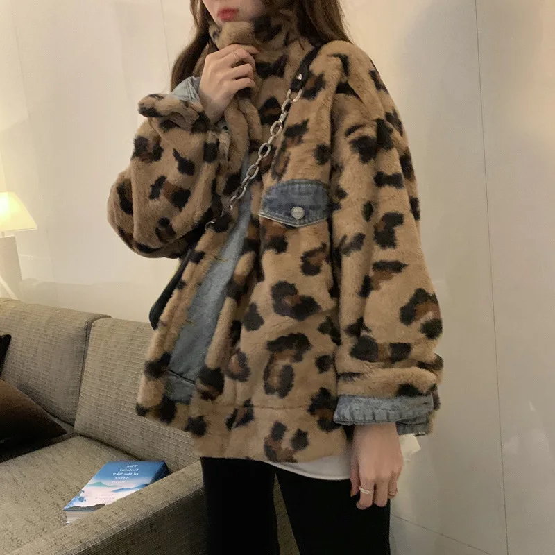 denim Both Sides Wear Denim Jacket Female Korean Style Loose Leopard Print Faux Rabbit Fur Coat Winter Autumn Jacket Woman