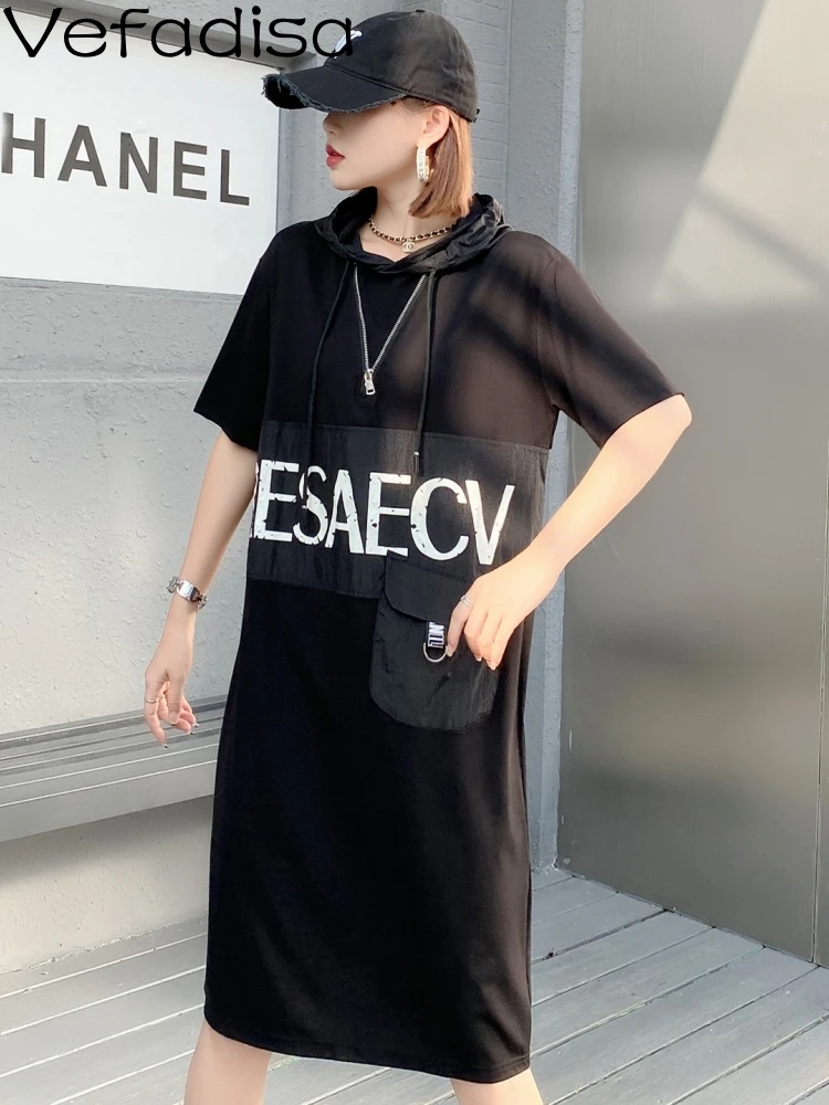 

Vefadisa 2023 Summer New Women Dress Print Letter Fashion Hooded Personalized Trendy Girl Short Sleeve Casual Dress ZY1074
