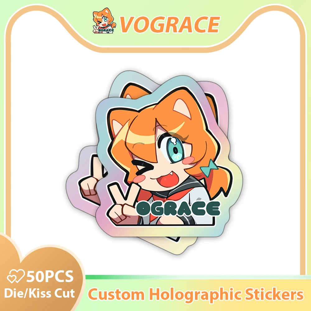 

Vograce Custom Holographic Stickers Vinyl With Logo Name Label Waterproof Transparen Die Kiss Cut Kawaii Cute Laptop sticker