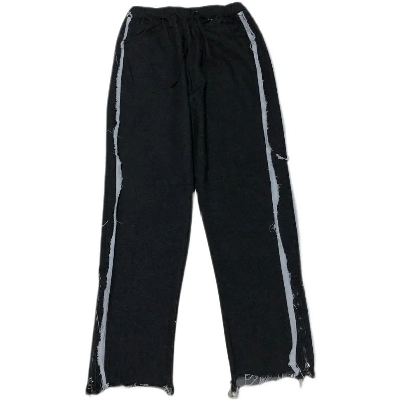 Four Seasons Men's Jeans Raw Edge Stitching Slit Straight Wide Leg Jeans Hip Hop Men Pants Y2k Jeans Fashion Street Brand Jeans