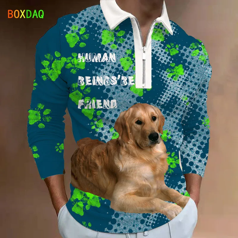 

Новинка 2022, осенняя мужская повседневная рубашка-поло с длинным рукавом, отложным воротником и молнией, подходит под все, с мультяшным принт...