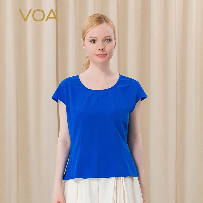 

VOA Multicolor Silk O-neck Home Basic Simple Short Sleeve Tops Womens Patchwork Printed Casual Versatile Pullover T-shirt BT1