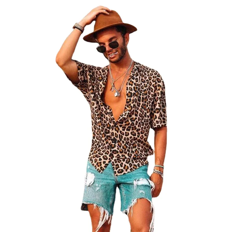New Leopard Print Men's Shirts Tops Summer Short Sleeve Turn-down Collar Single Breasted Hawaiian Shirt Mens Camisas