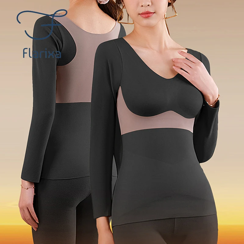 Flarixa 2 in 1 Seamless Winter Women's Thermal Underwear Slim Fit Chest Pad Bottoming Warm Thermos Clothing Tops Long Lingere