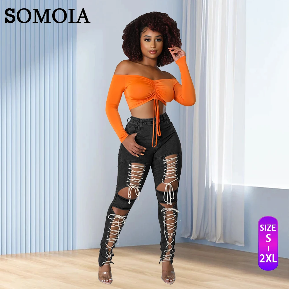 

SOMOIA S-XXL сексуальные повседневные потертые на молнии веревочные шлифованные джинсы брюки для женщин уличные брюки джинсы оптом Прямая поста...