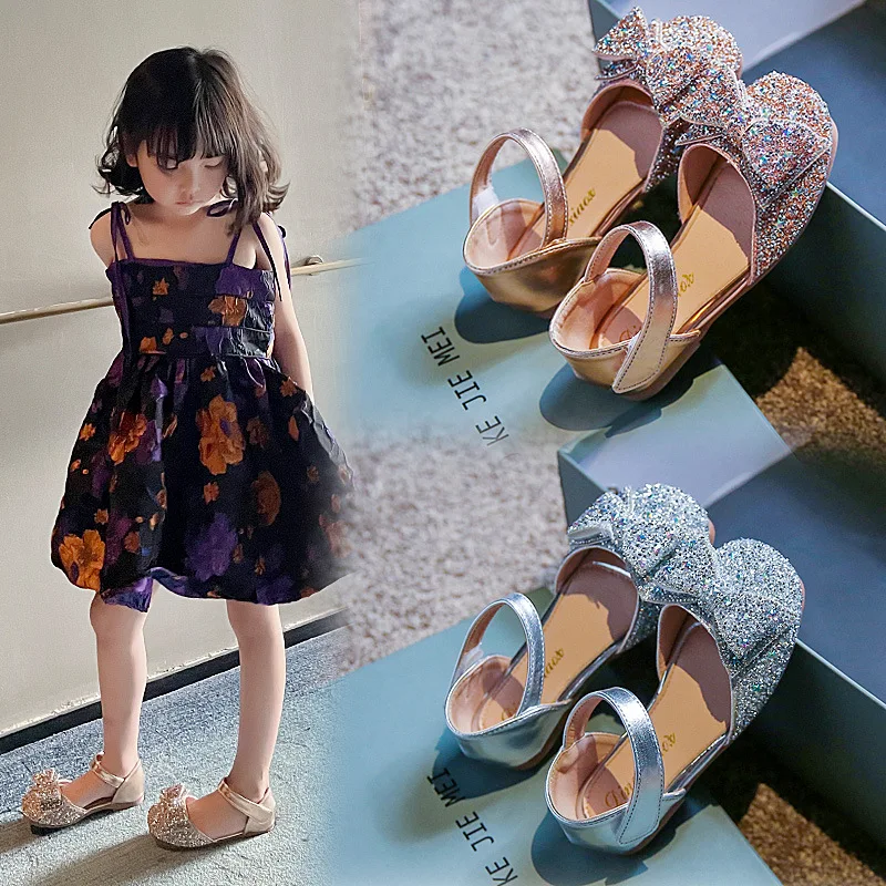 

Rhinestone Princess Sandals Bling bling Girls Leather Shoes for Wedding Party Gold Silver Bowknot Single Flat Shoes for Girls