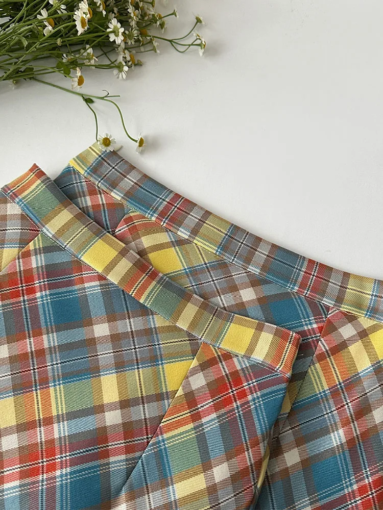 Harajuku Kpop клетчатая юбка Gyaru Клубная одежда Радужная трапециевидная с высокой