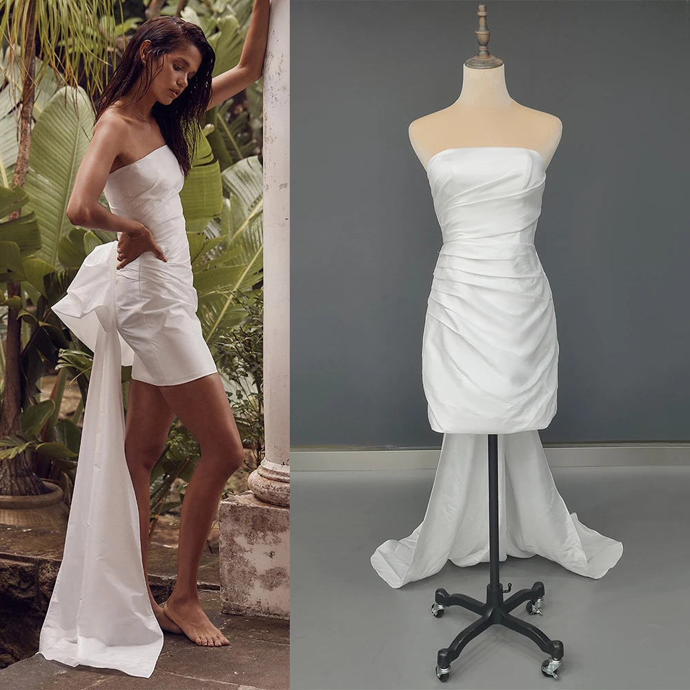 Mini Strapless Ruched Taffeta Bridal Gown Drape Custom Made Plus Size Above Knee Length Wedding Detachable Large Bow Train Dress