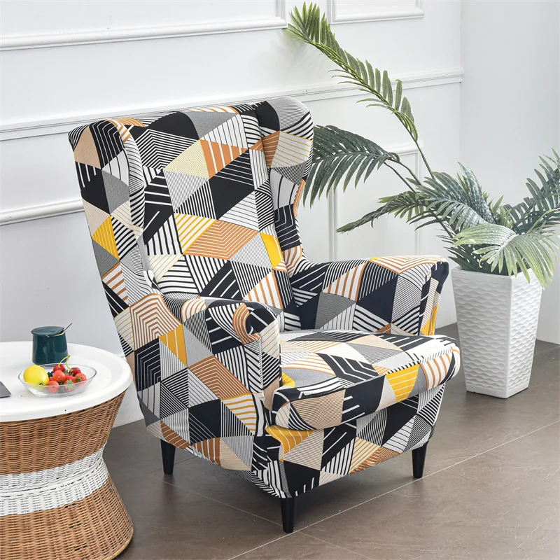 Geometric Wing Chair Cover Stretch Spandex High Back Armchair Covers Nordic Removable Relax Sofa Slipcovers With Cushion Cover