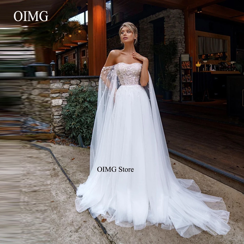

OIMG Modern Off the Shoulder Tulle Lace Pearls Wedding Dresses Long Cape Sleeves Sweetheart Bridal Gowns Robe de mariage