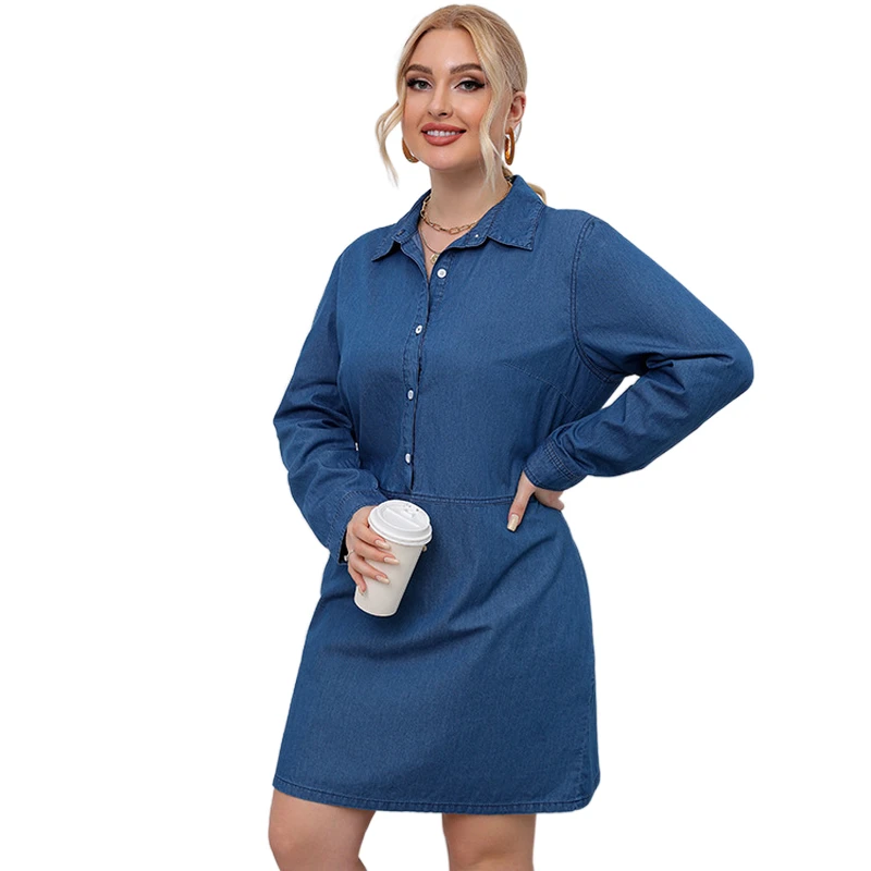Plus Size Turn Down Collar Long Sleeve Casual Denim Shirt Dresses Autumn Solid Color Straight Loose Above Knee Dress For Women