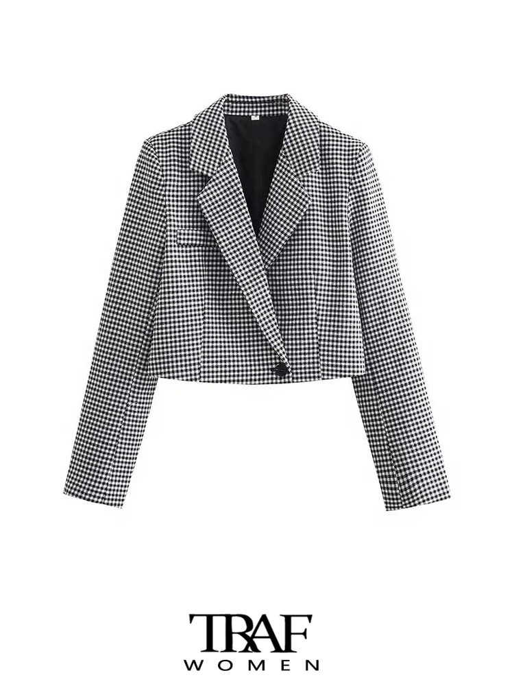 

TRAF Women Fashion Houndstooth Cropped Blazer Coat Vintage Long Sleeve Front Button Female Outerwear Chic Tops