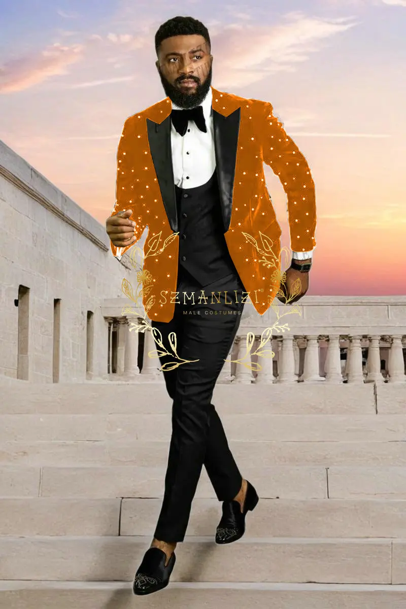 Фото Роскошные бордовые бархатные мужские костюмы с бисером Homme, смокинги для жениха, свадебная вечеринка, Terno Masculino, облегающие костюмы из трех предметов, куртка, жилет, брюки №2