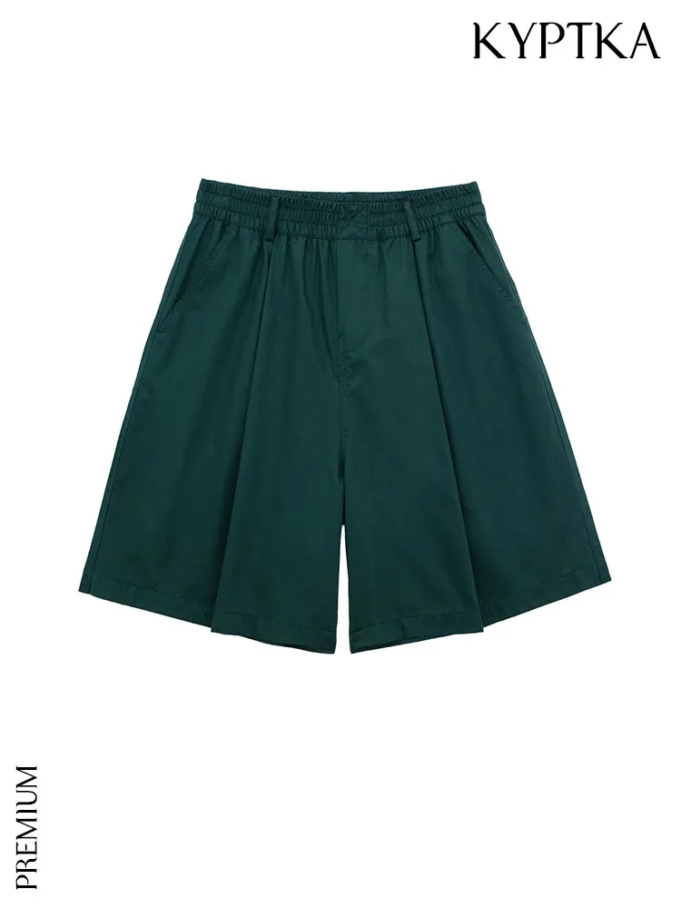 

KYPTKA Women Fashion Side Pockets Poplin Bermuda Shorts Vintage Mid Waist With Elastic Waistband Female Short Pants Mujer